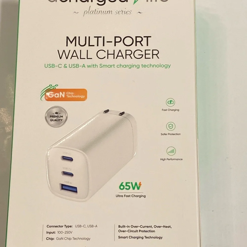 NWT A Charged Life 65W Ultra Fast Charging Multi-Port Wall Charger USB-C